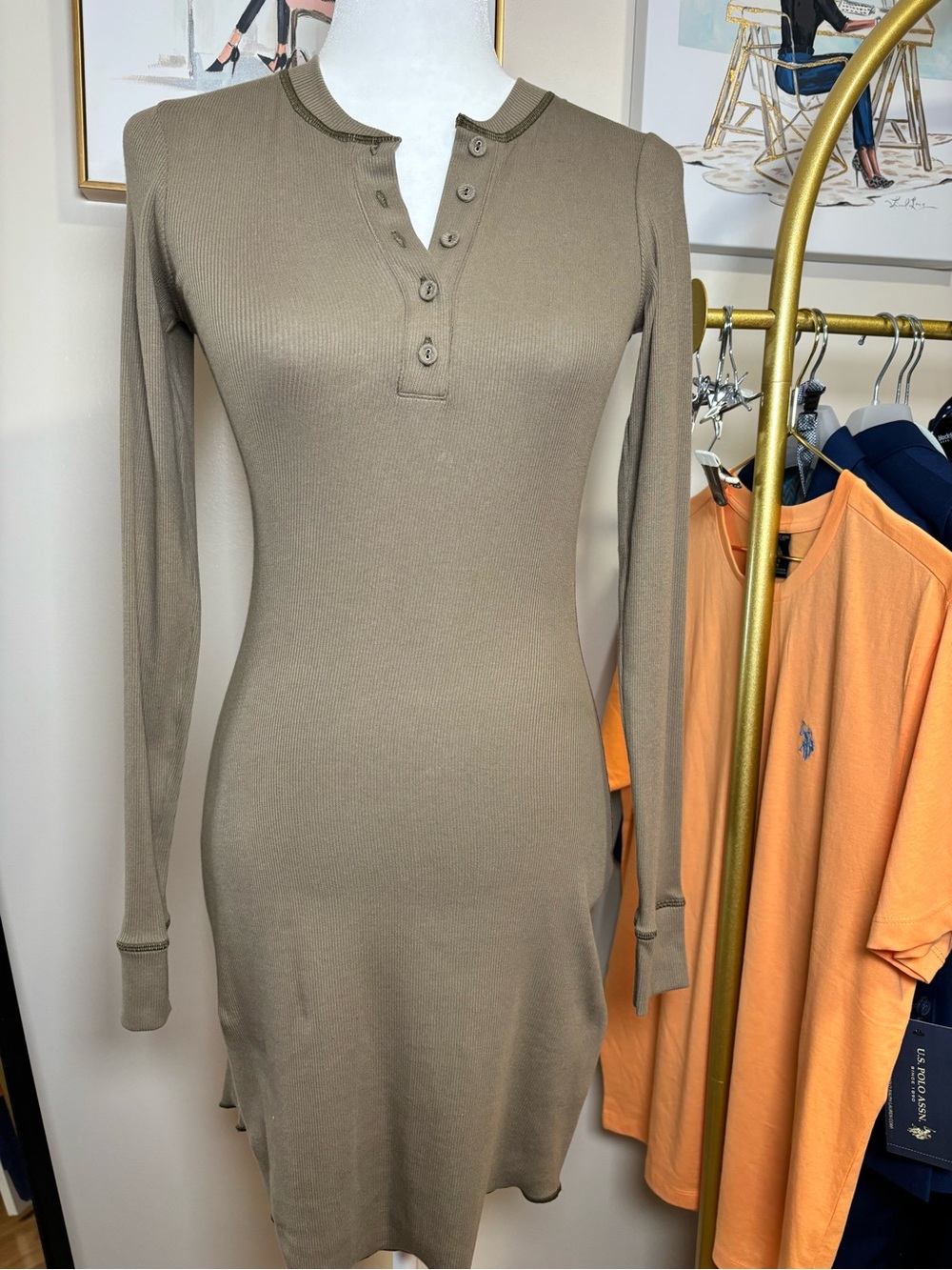 SKIMS Olive Ribbed Long Sleeve Henley Bodycon Dress Size small